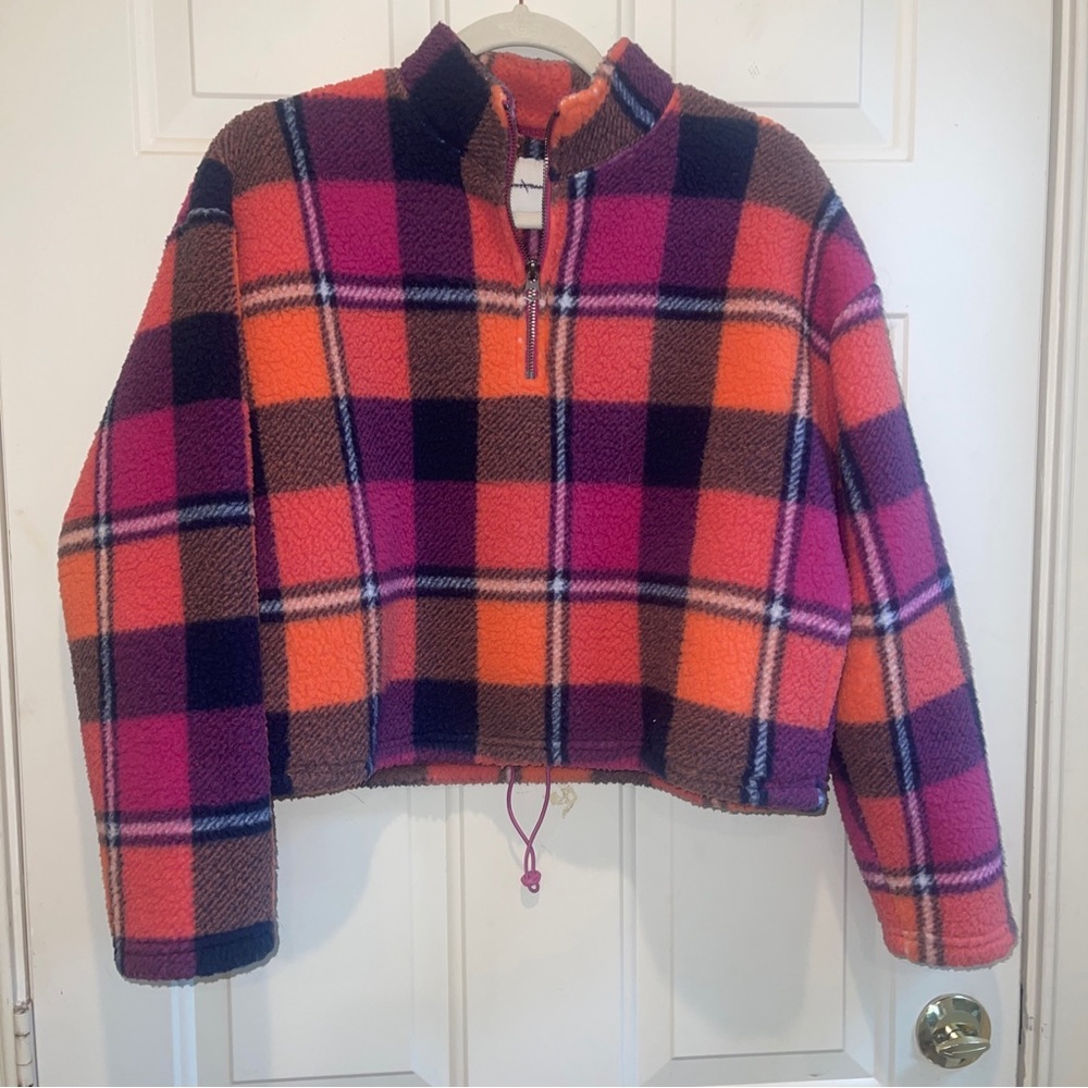 American Eagle Women Multicolor Plaid Fleece Sherpa 1/4 Zip Crop Jacket Sz XS